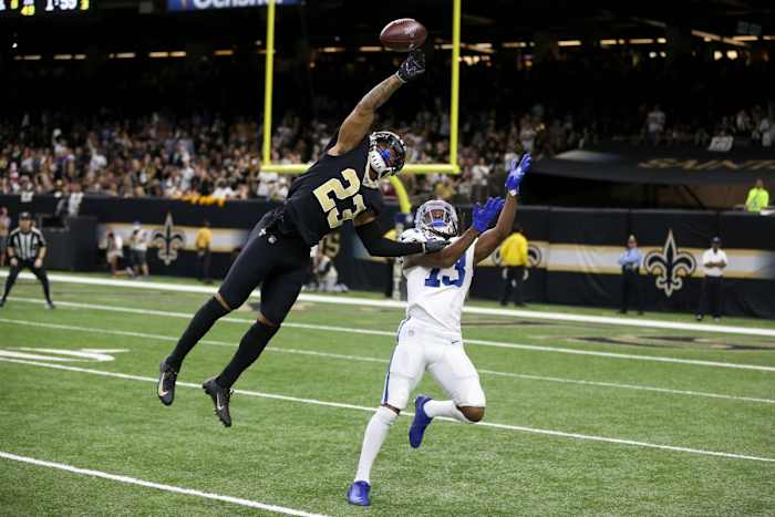 New Orleans cornerback Marshon Lattimore (23) defends a pass intended for Colts receiver T.Y. Hilton (13). Mandatory Credit: Chuck Cook-USA TODAY Sports